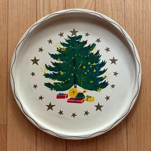 Round hand painted Christmas Tree metal tray, NashCo, NY vintage, mid century,